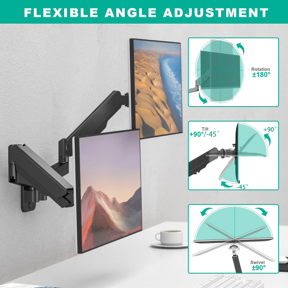 Dual Monitor Wall Mount for Two 17-32 inch Flat/Curved Screens, Height Adjustable Gas Spring, VESA 75/100 V6450