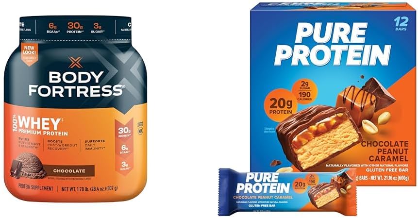 Chocolate Whey Protein Powder 1.78lbs and Chocolate Peanut Caramel Protein Bars 12 Count 1.76oz A830795