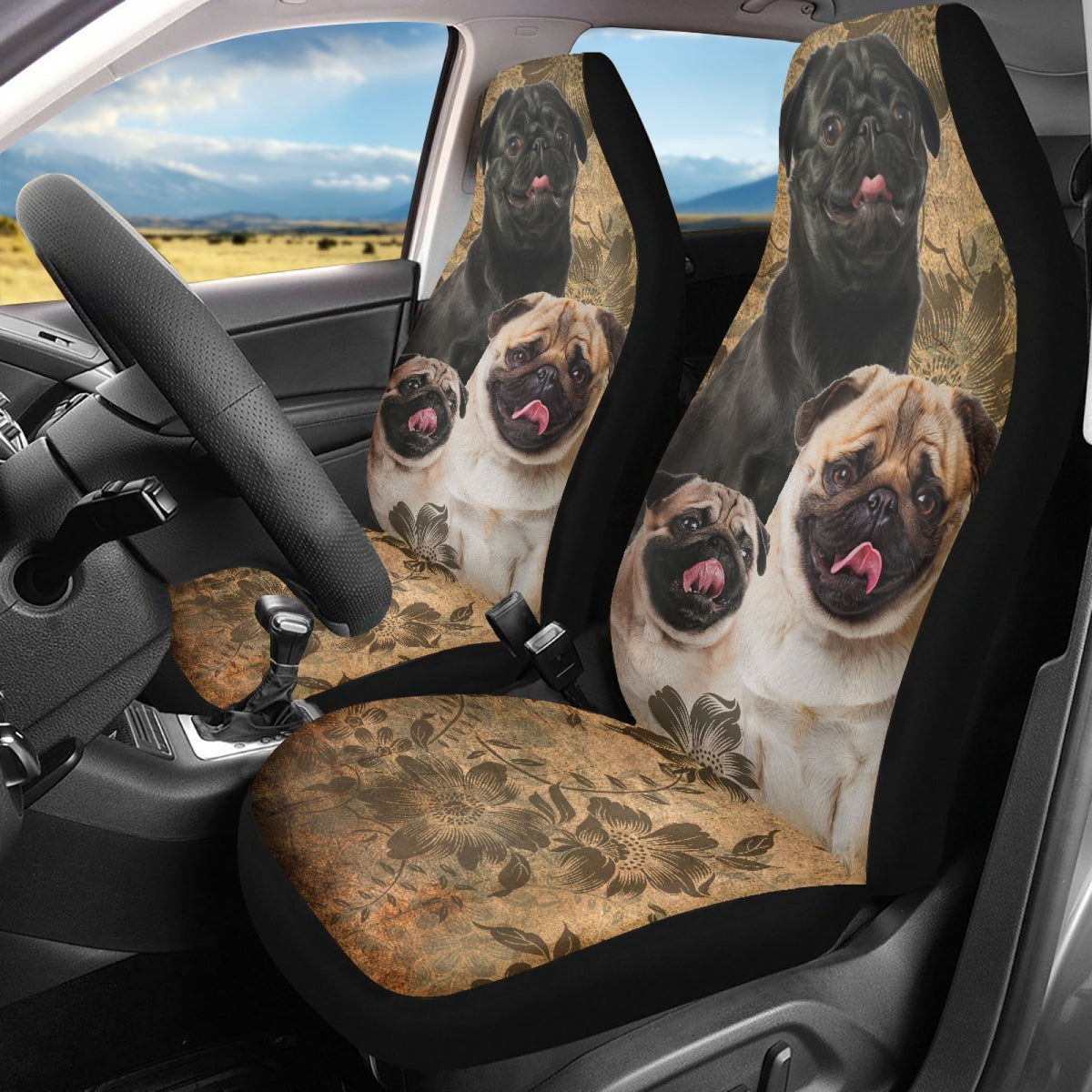 Pug Dog Floral Print Seat Covers, Set of 2 Pcs Q4501