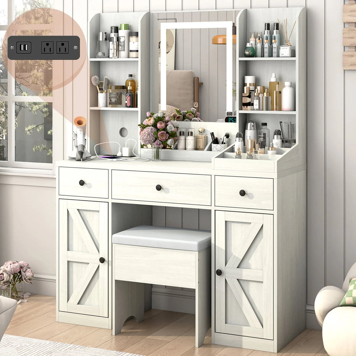 White 7 Drawer Vanity Desk with Lighted Mirror and Storage Stool S836747