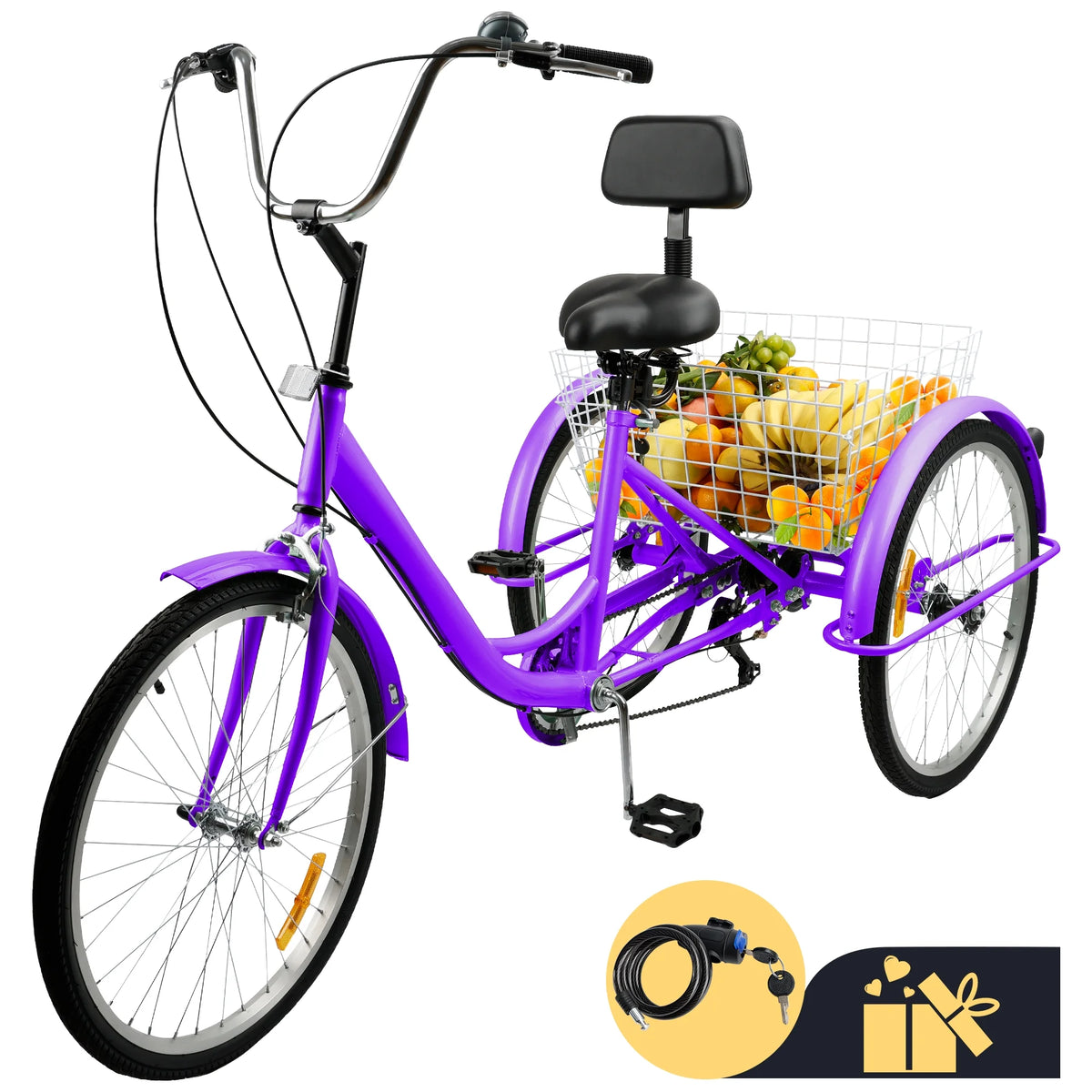 24 Purple 7-Speed Adult Tricycle with Seat and Rear Basket O217627