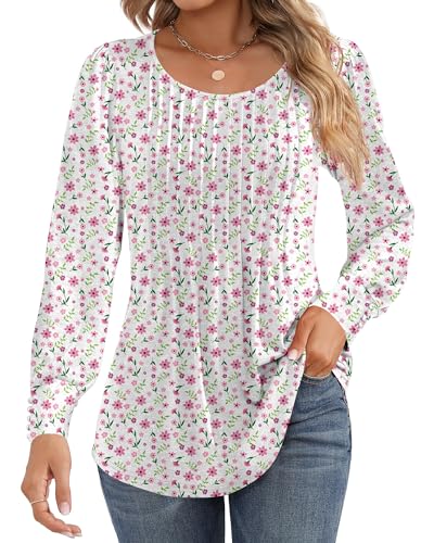 Puff Long Sleeve Tunic Tops Pleated Crew Neck Blouses W258