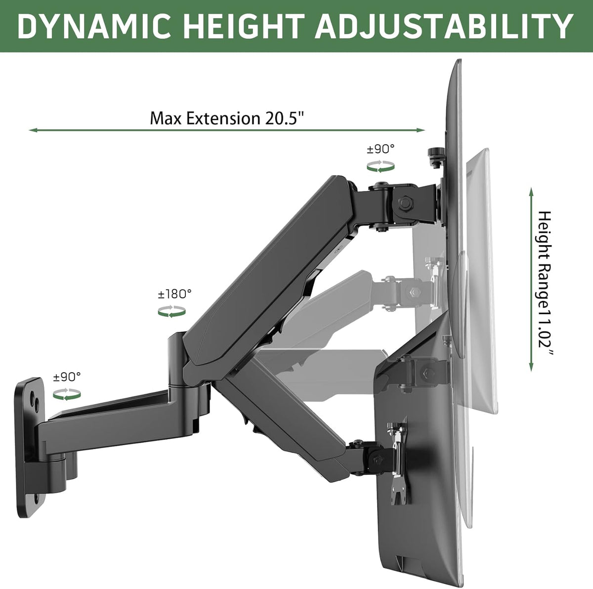 Dual Monitor Wall Mount for Two 17-32 inch Flat/Curved Screens, Height Adjustable Gas Spring, VESA 75/100 V6450