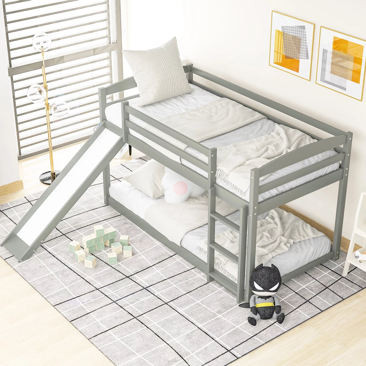 Gray Twin Over Twin Wood Bunk Bed with Slide and Ladder Y983