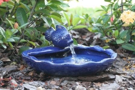Ceramic Solar Koi Fountain, Blue Glazed Finish S1832