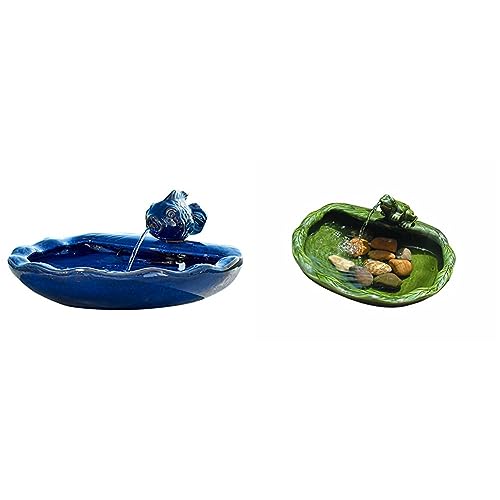 Ceramic Solar Koi Fountain, Blue Glazed Finish S1832