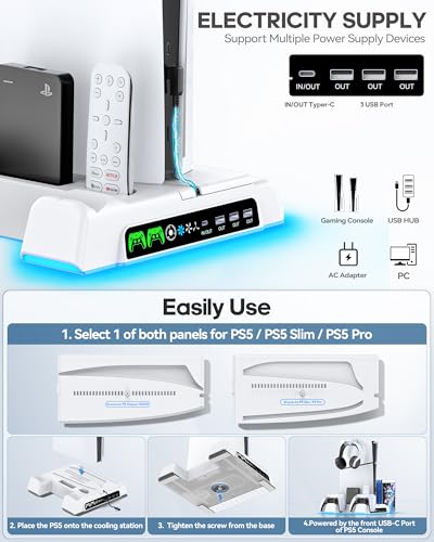 PS5 Stand with Dual Controller Charging Station and 3-Level Fan J262