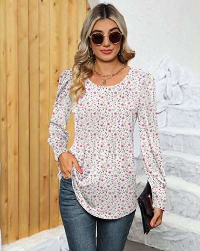 Puff Long Sleeve Tunic Tops Pleated Crew Neck Blouses W258