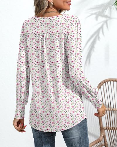 Puff Long Sleeve Tunic Tops Pleated Crew Neck Blouses W258