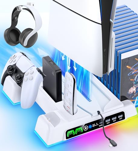 PS5 Stand with Dual Controller Charging Station and 3-Level Fan J262