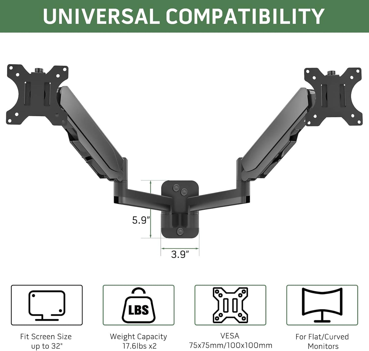 Dual Monitor Wall Mount for Two 17-32 inch Flat/Curved Screens, Height Adjustable Gas Spring, VESA 75/100 V6450