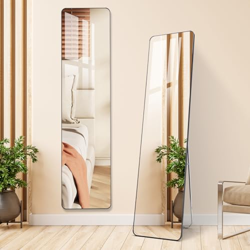 Full-Length Mirror, Black Wall-Mounted, Floor-to-Ceiling Mirror with Safety Rounded Edges J531126