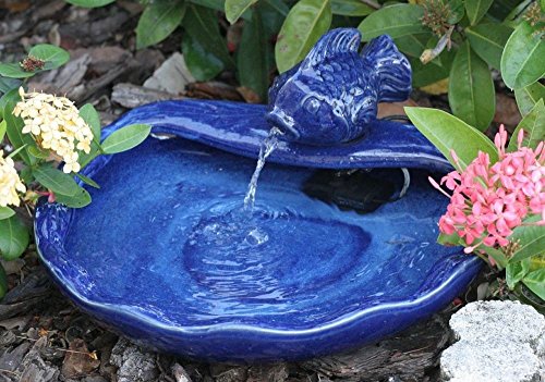 Ceramic Solar Koi Fountain, Blue Glazed Finish S1832