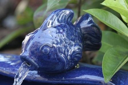 Ceramic Solar Koi Fountain, Blue Glazed Finish S1832