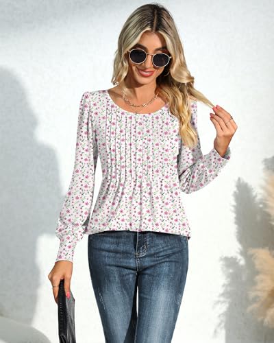 Puff Long Sleeve Tunic Tops Pleated Crew Neck Blouses W258