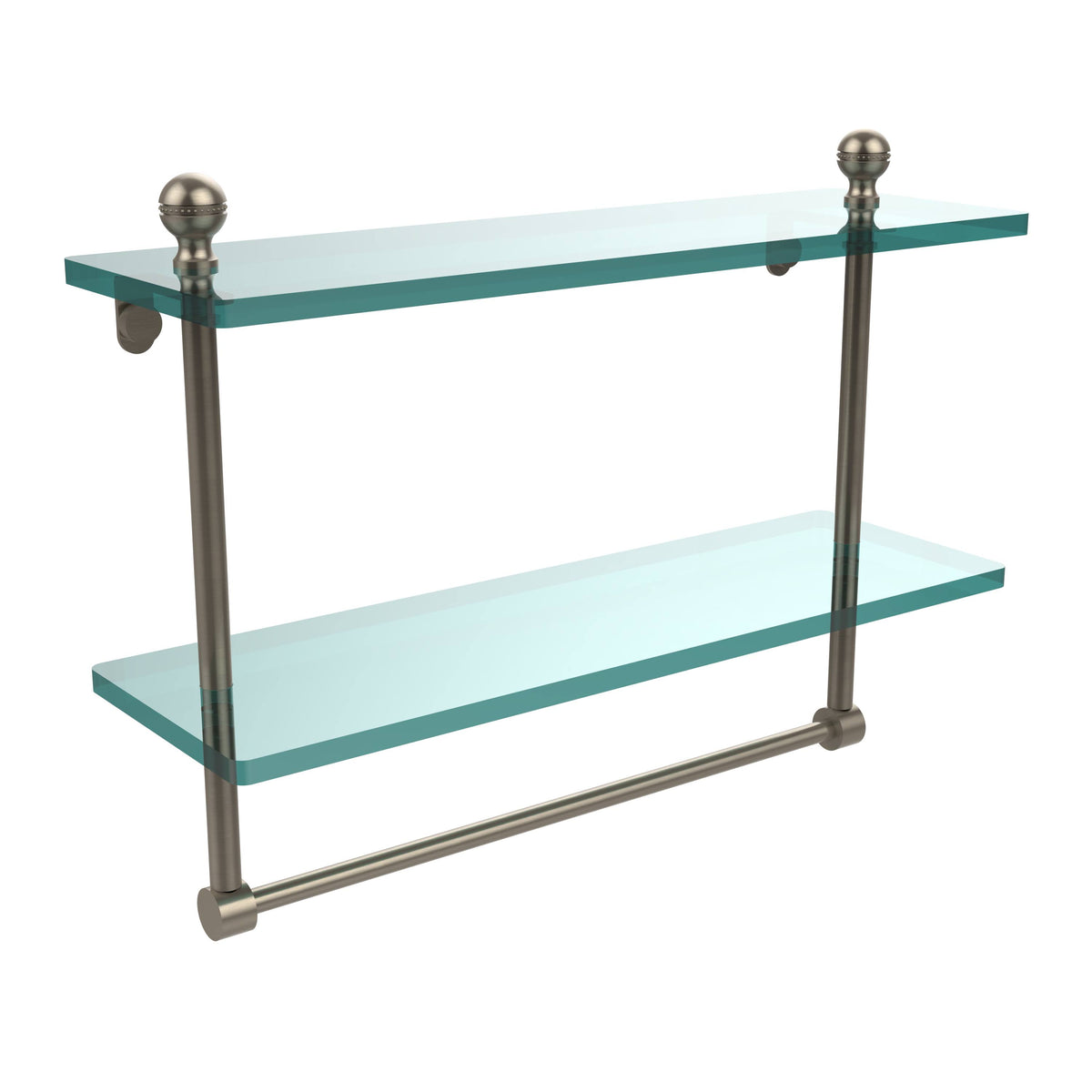 Antique Pewter Two Tiered Glass Shelf with Towel Bar A343