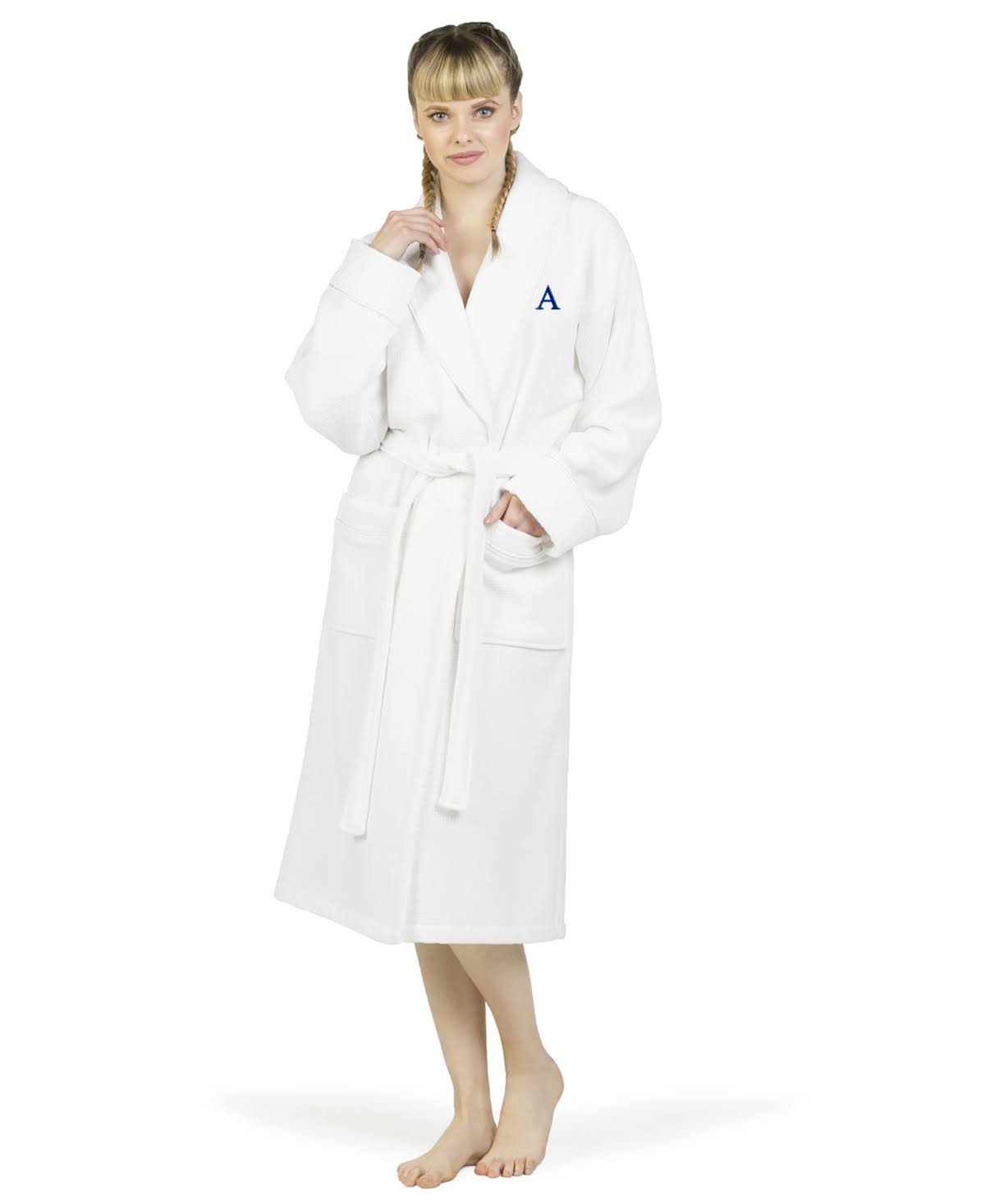 White Navy Turkish Cotton Waffle Terry Bathrobe with Satin Piped Trim Y535