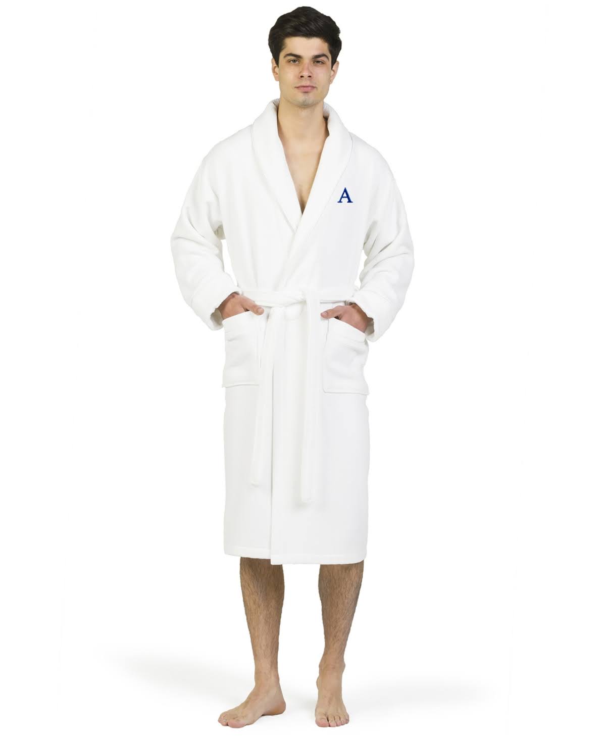 White Navy Turkish Cotton Waffle Terry Bathrobe with Satin Piped Trim Y535