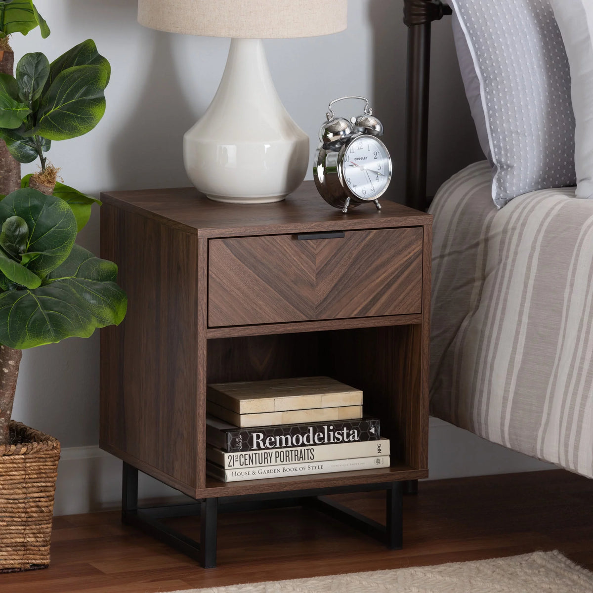 Walnut Brown Wood and Black Metal 1-Drawer End Table O4189