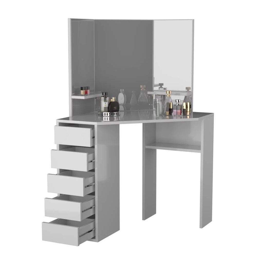 Corner Makeup Vanity Desk with 3 Mirrors and 5 Drawers A50643
