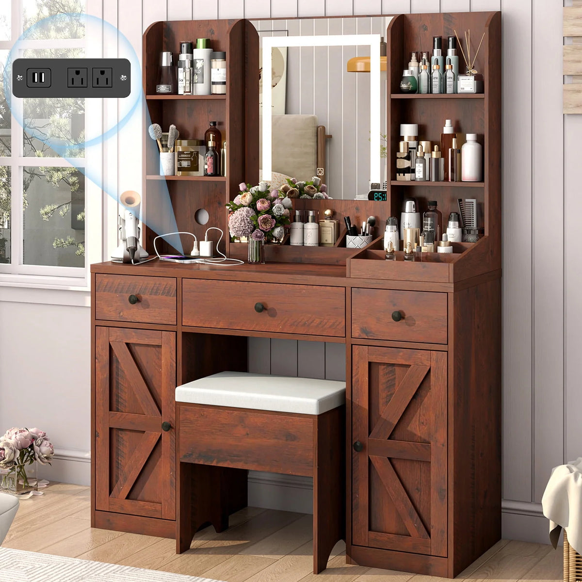 White 7 Drawer Vanity Desk with Lighted Mirror and Storage Stool S836747