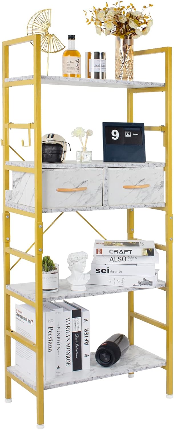 5-Tier Bookcase with 2 Fabric Drawers, Adjustable Tall Bookshelf, Marbled White D766