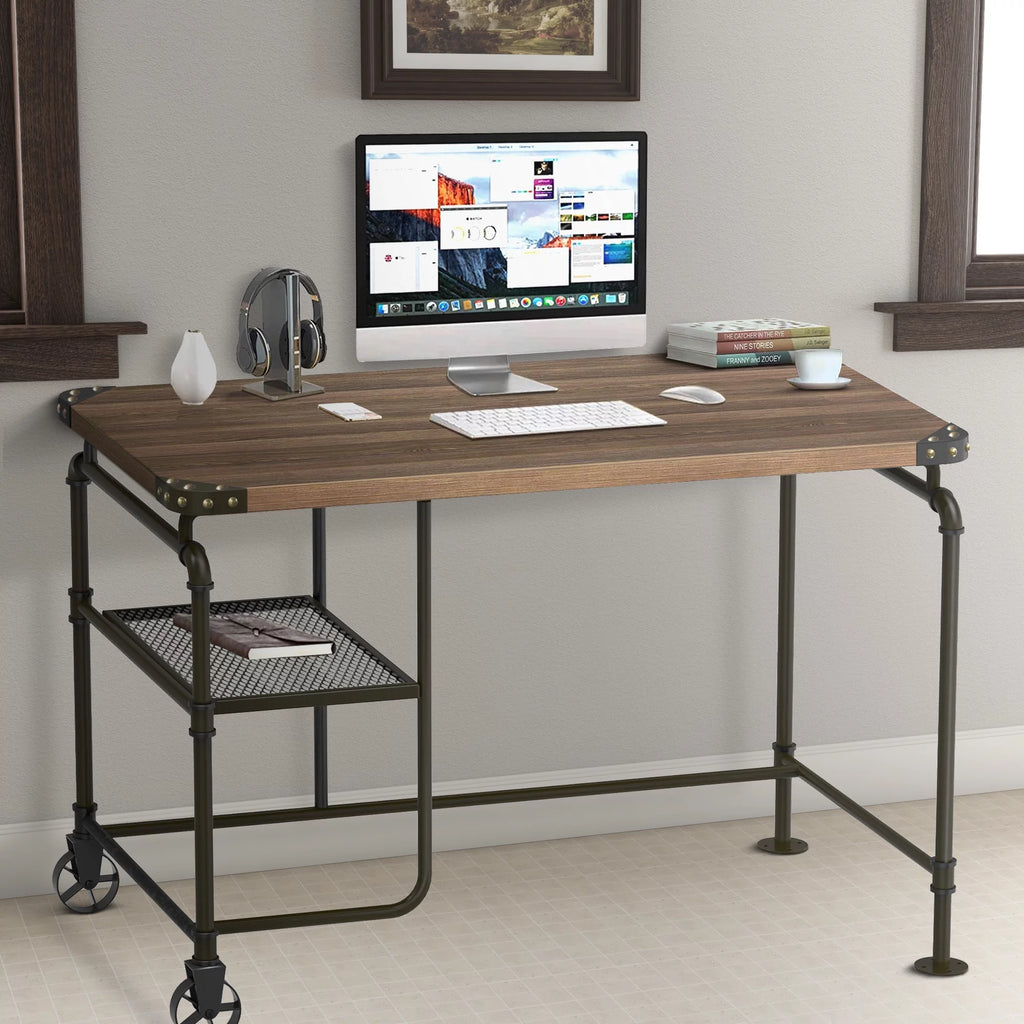 Industrial Metal Writing Desk with Wooden Top A447561