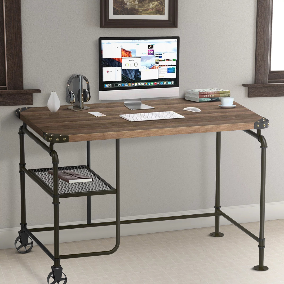 Industrial Metal Writing Desk with Wooden Top A447561
