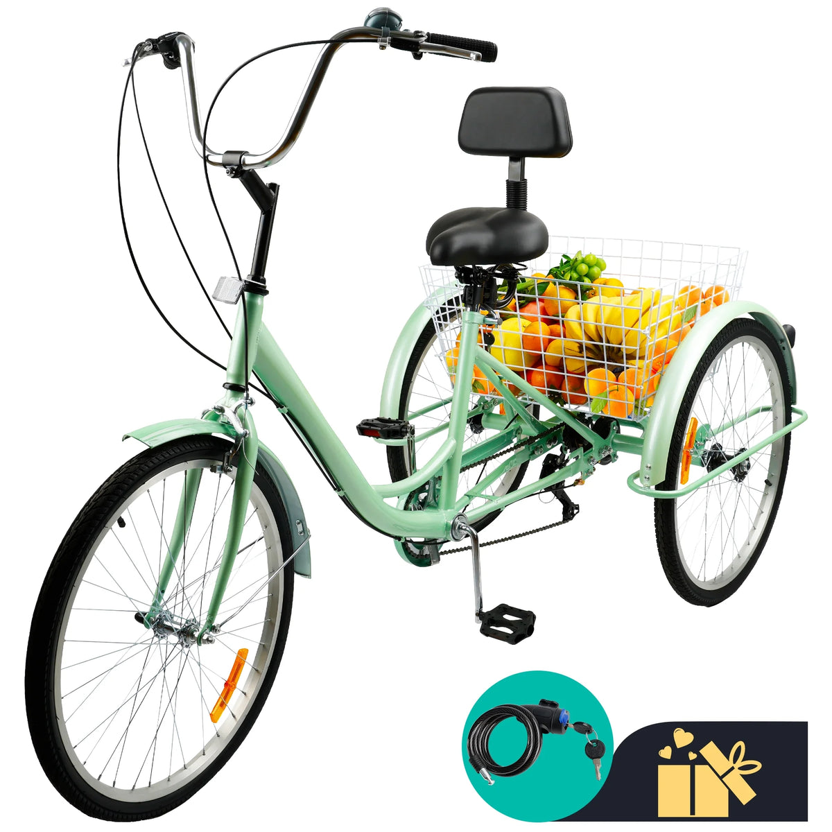 24 Purple 7-Speed Adult Tricycle with Seat and Rear Basket O217627