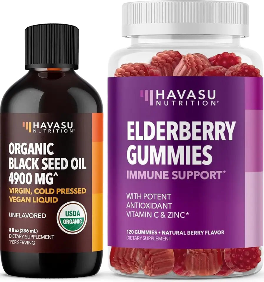 Organic Cold Pressed Black Seed Oil Liquid 8 Fl Oz and Black Elderberry Gummies with Zinc and Vitamin C R725