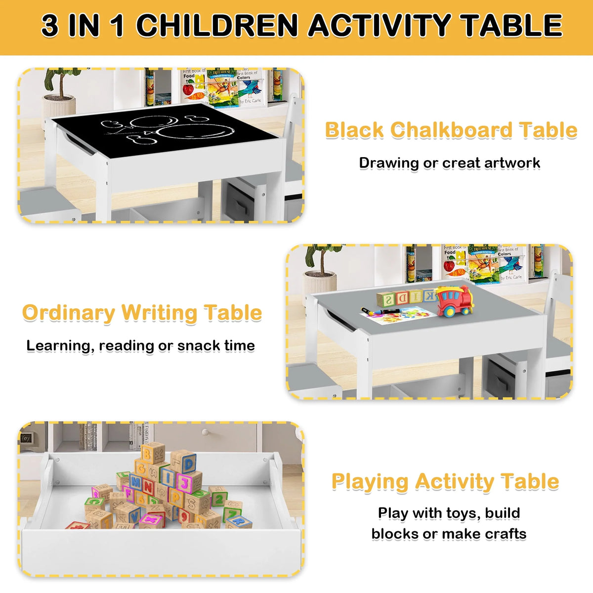 3 in 1 Kids Wood Table & 2 Chairs Set Grey Q473791