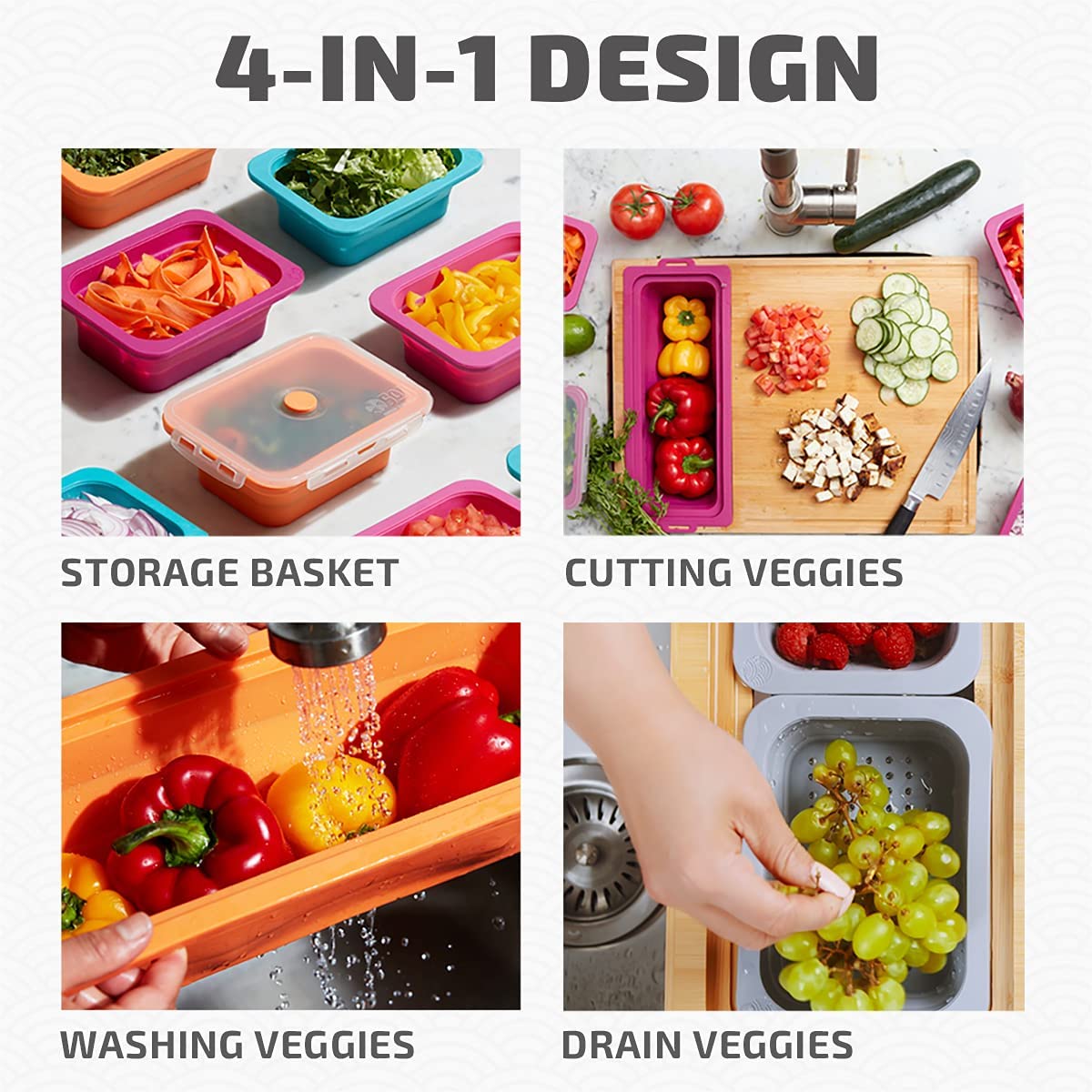 Bamboo Cutting Board With Containers Set Of 9 Over The Sink Chopping Board With Collapsible Strainers L714841