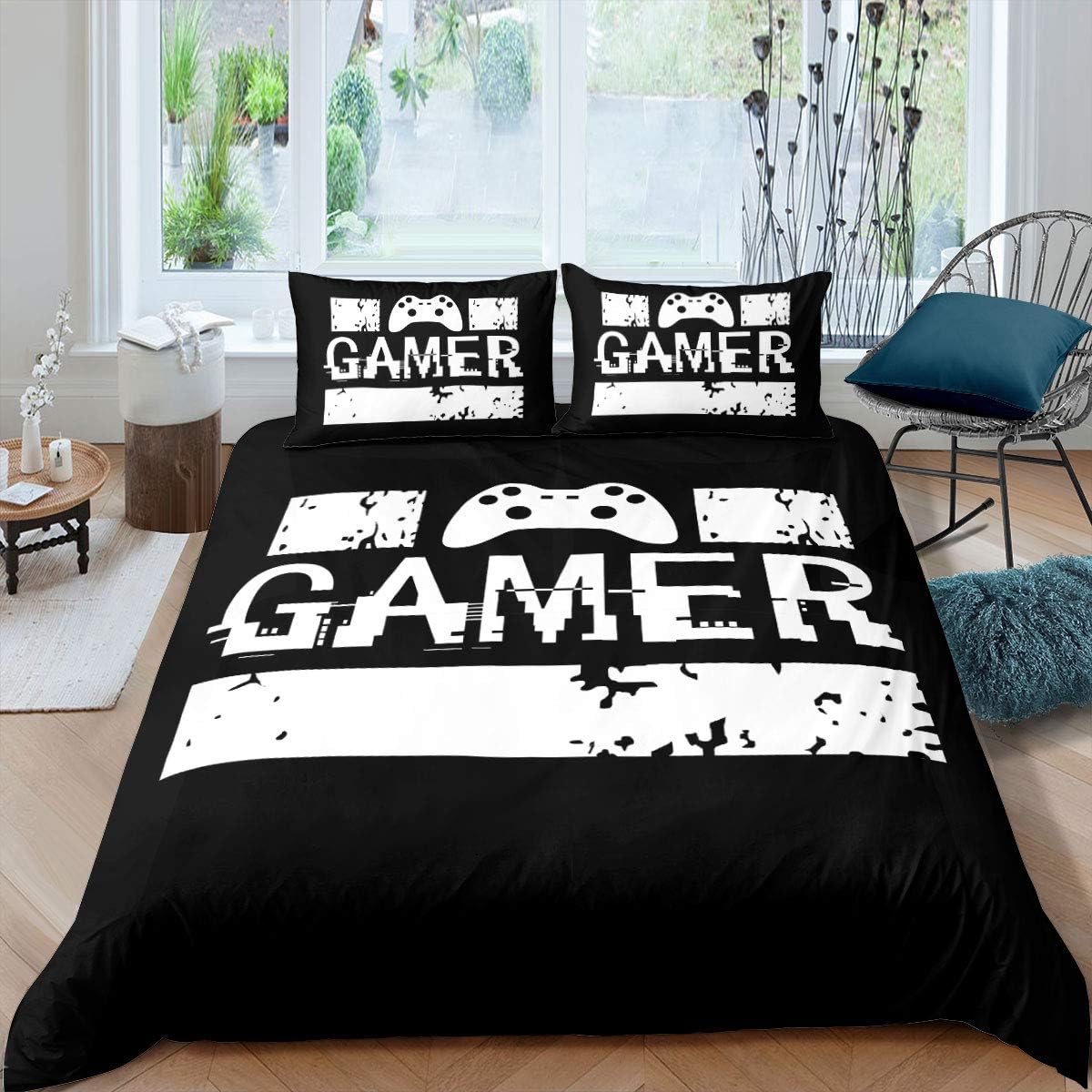 Black White Twin Size Kids Soccer Comforter Cover Bedding Set G126609