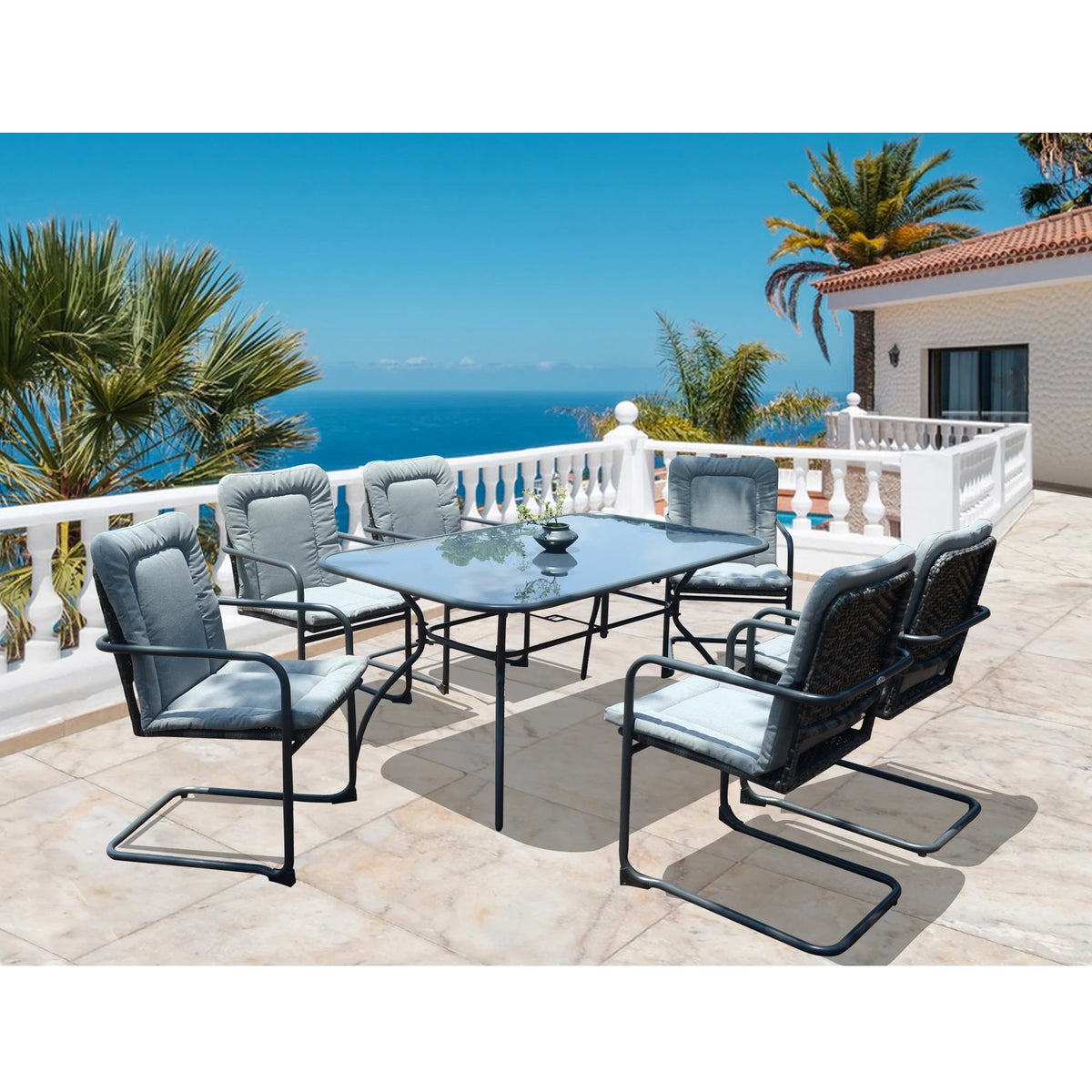 7 Pcs Wicker Dining Set with Tempered Glass Table H1185
