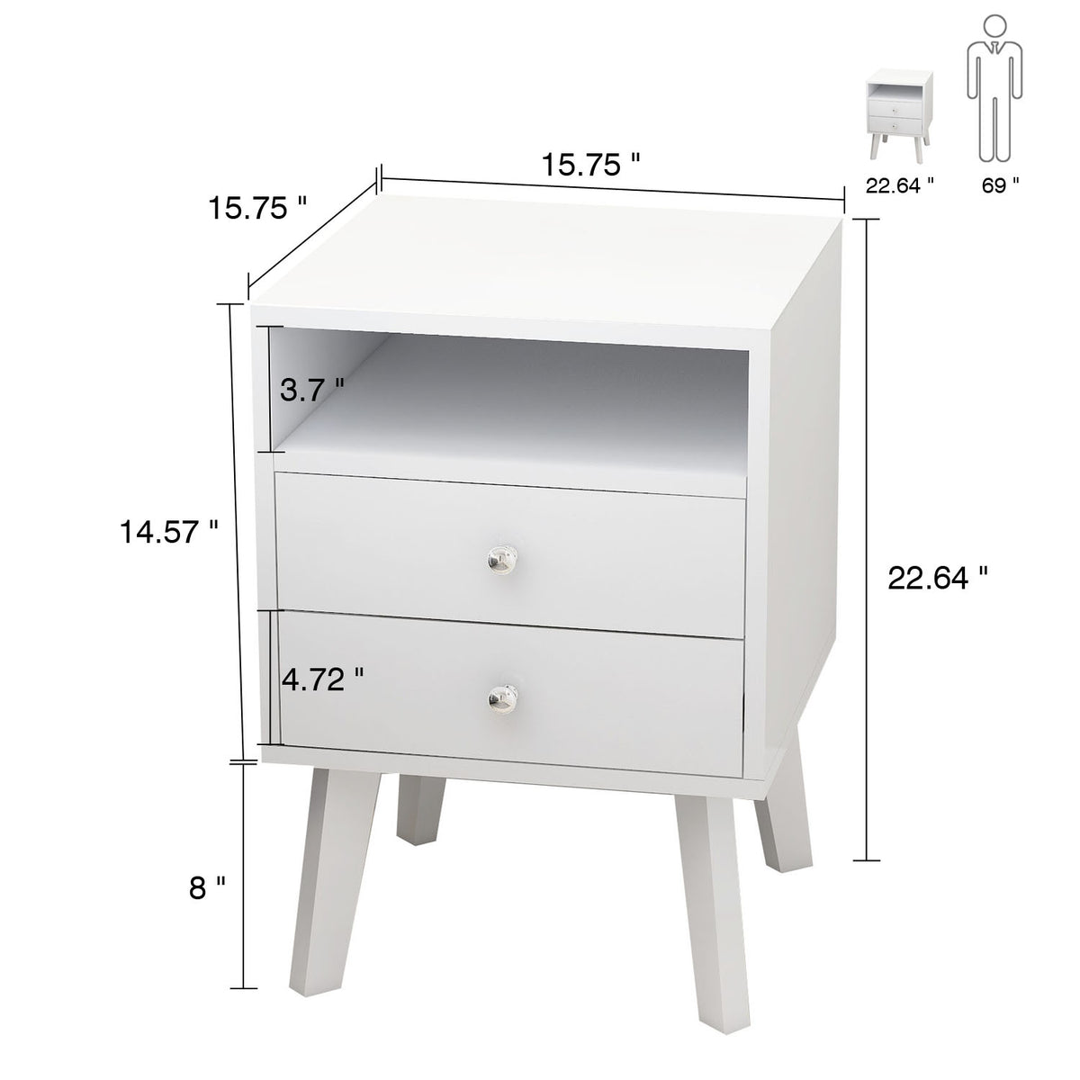 High Glossy 2 Drawer Wood Nightstand With Open Shelf V683930