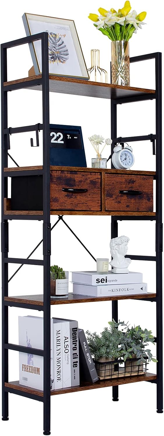 5-Tier Bookcase with 2 Fabric Drawers, Adjustable Tall Bookshelf, Marbled White D766