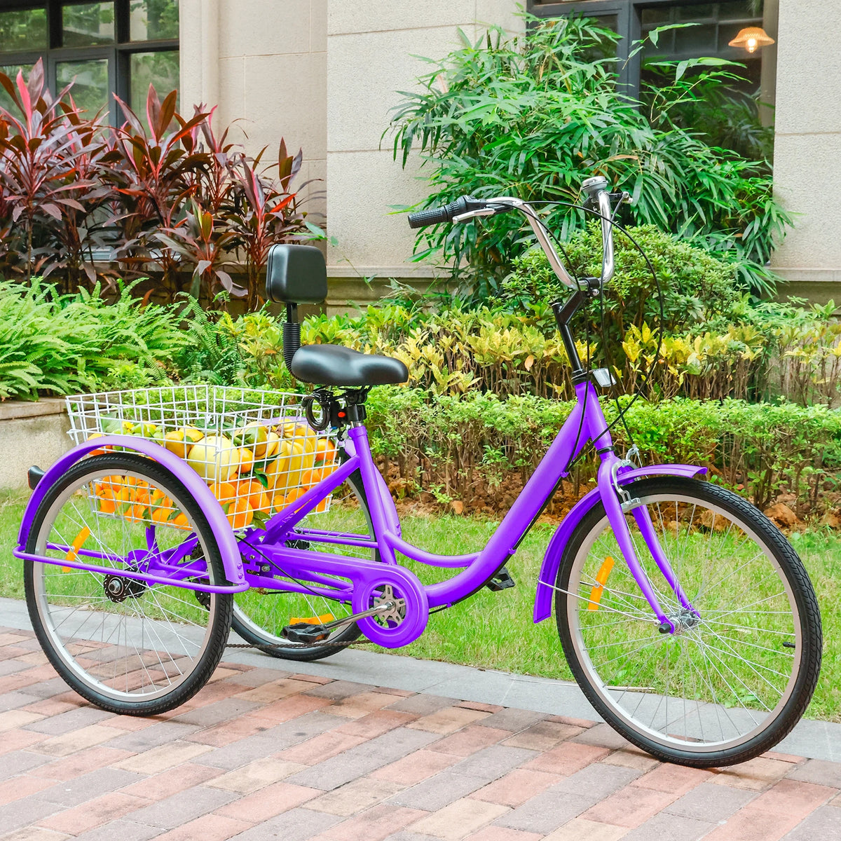 24 Purple 7-Speed Adult Tricycle with Seat and Rear Basket O217627