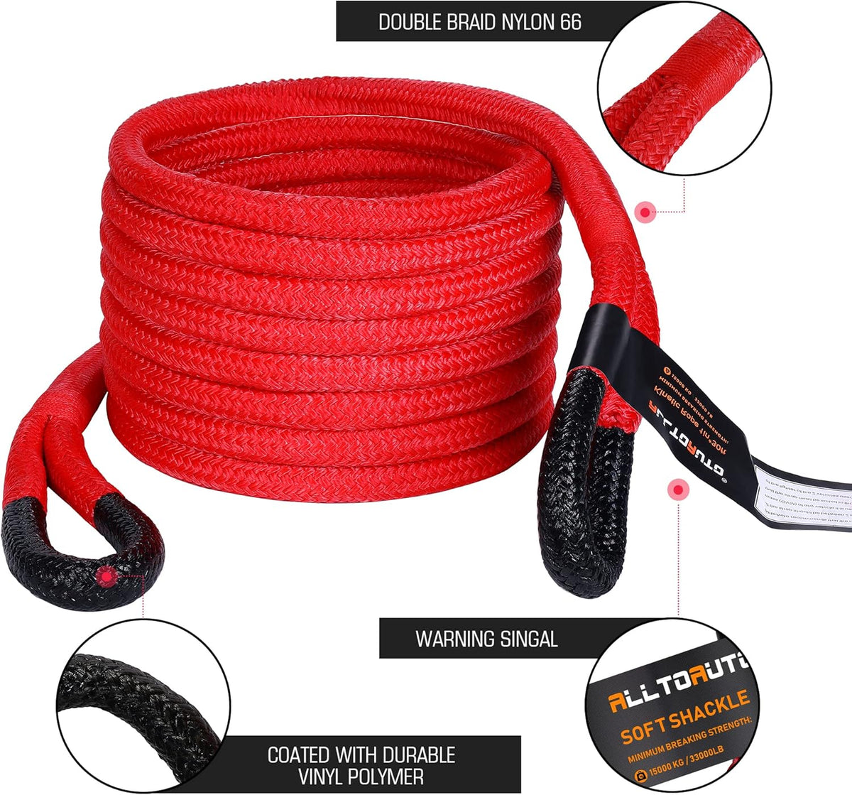 Red Kinetic Recovery & Tow Rope with 2 Soft Shackles Offroad Recovery Kit A4723